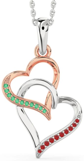 Emerald & Ruby White Rose Gold Heart Necklace
