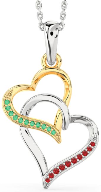 Emerald & Ruby Silver & 10K gold Heart Necklace