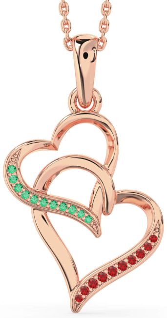 Emerald & Ruby Rose Gold Heart Necklace