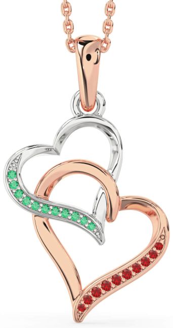 Emerald & Ruby Platinum & Rose Gold Heart Necklace