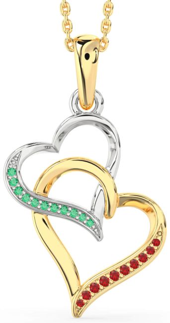 Emerald & Ruby Platinum & Yellow Gold Heart Necklace