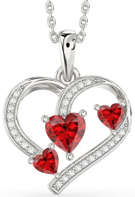 Diamond Ruby Silver Heart Birthstone Necklace
