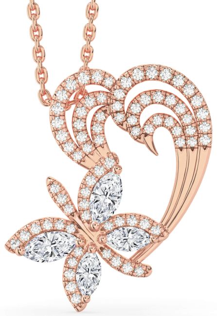 Diamond Rose Gold Silver Butterfly Heart Necklace
