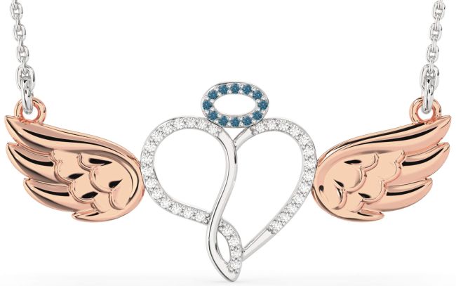 Large Blue Diamond White Rose Gold Heart Angel Necklace