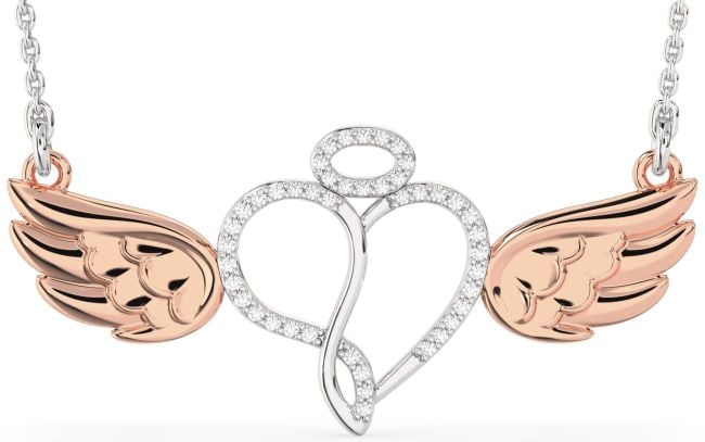 Large Diamond Silver & 10K Rose Gold Heart Angel Necklace
