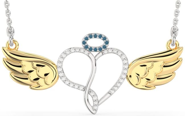 Large Blue Diamond Platinum & Yellow Gold Heart Angel Necklace