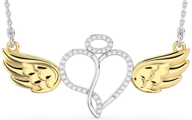Large Diamond Platinum & Yellow Gold Heart Angel Necklace