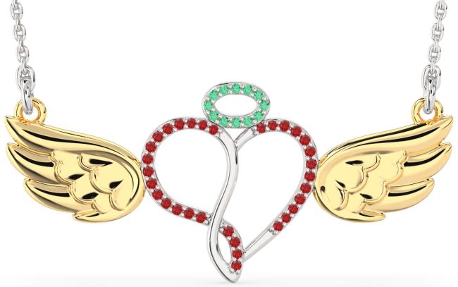 Large Emerald & Ruby Gold Silver Heart Angel Necklace