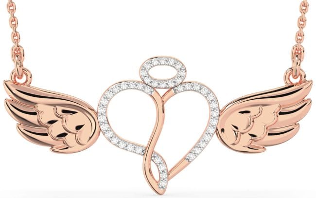 Large Diamond Rose Gold Silver Heart Angel Necklace