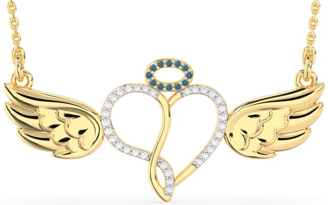 Large Blue Diamond Gold Heart Angel Necklace