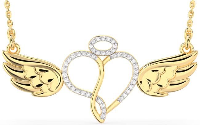 Large Diamond Gold Heart Angel Necklace