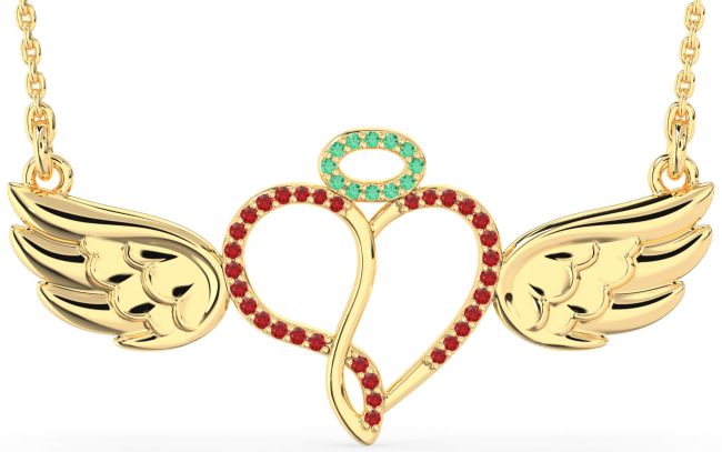 Large Emerald & Ruby Gold Heart Angel Necklace
