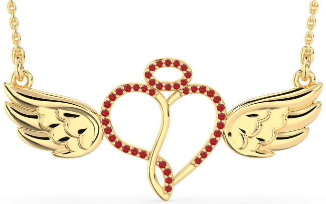 Large Ruby Gold Heart Angel Necklace