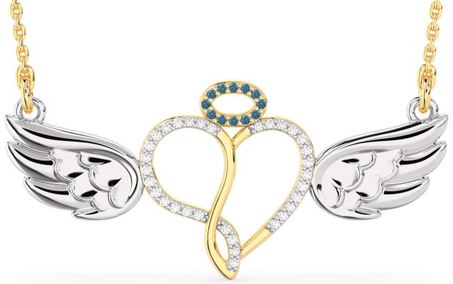 Large Blue Diamond White Yellow Gold Heart Angel Necklace