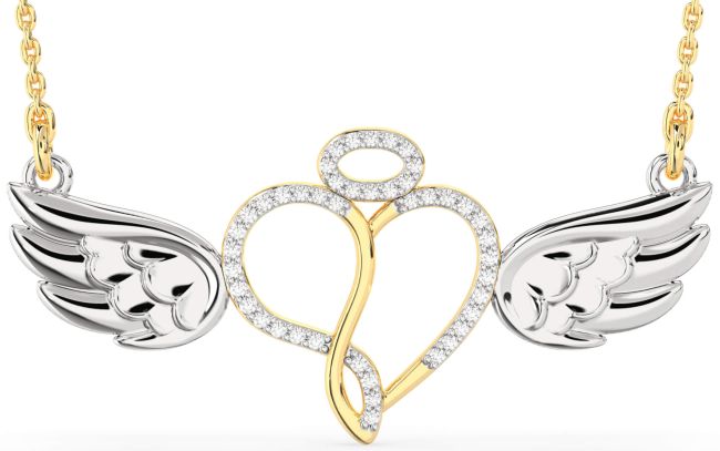 Large Diamond Gold Silver Heart Angel Necklace