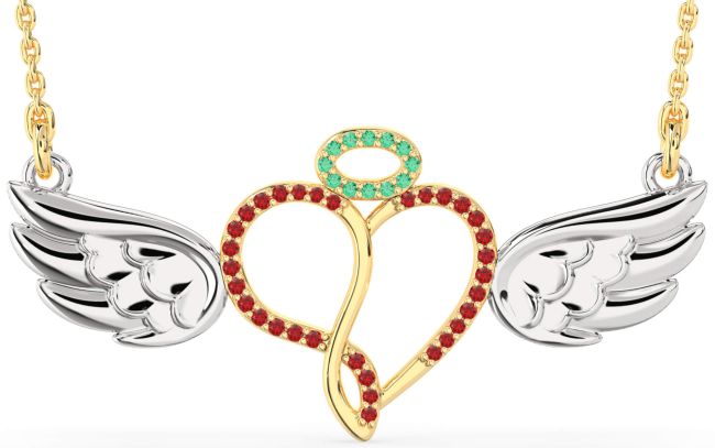 Large Emerald & Ruby Gold Silver Heart Angel Necklace