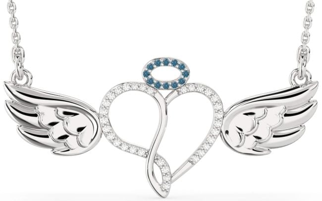 Large Blue Diamond White Gold Heart Angel Necklace