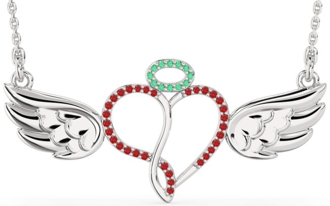 Large Emerald & Ruby Silver Heart Angel Necklace