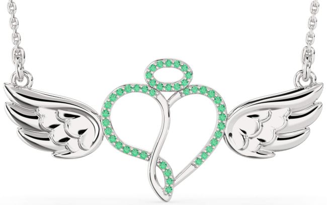 Large Emerald Silver Heart Angel Necklace