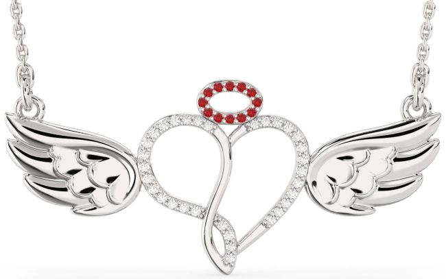 Large Diamond & Ruby Silver Heart Angel Necklace