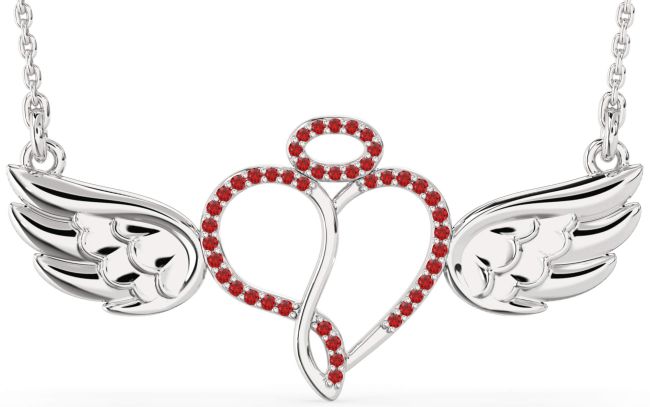 Large Ruby Silver Heart Angel Necklace