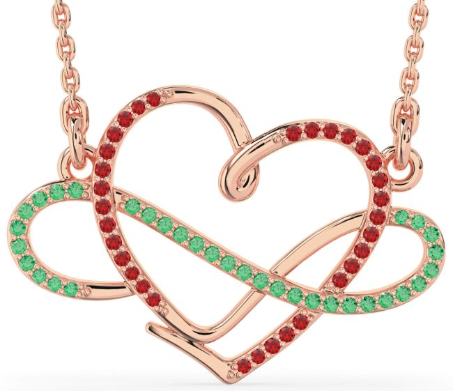 Large Emerald & Ruby Rose Gold Heart Infinity Necklace