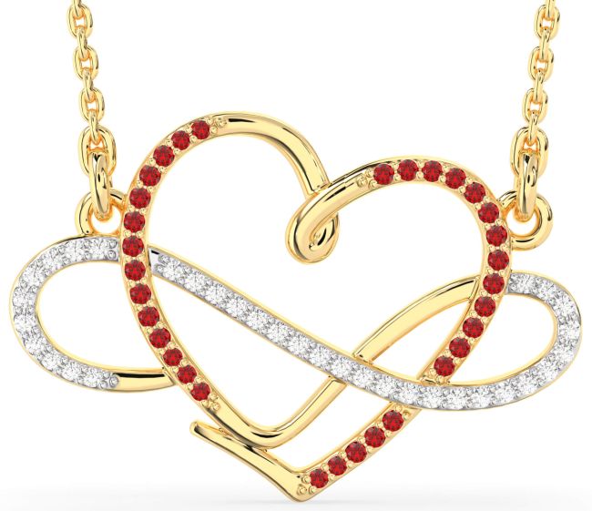 Large Diamond & Ruby Gold Heart Infinity Necklace