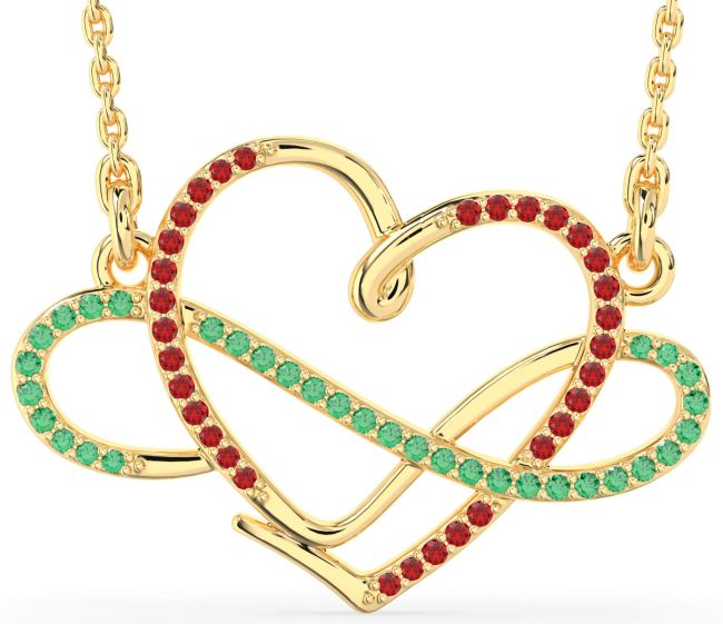 Large Emerald & Ruby Gold Heart Infinity Necklace