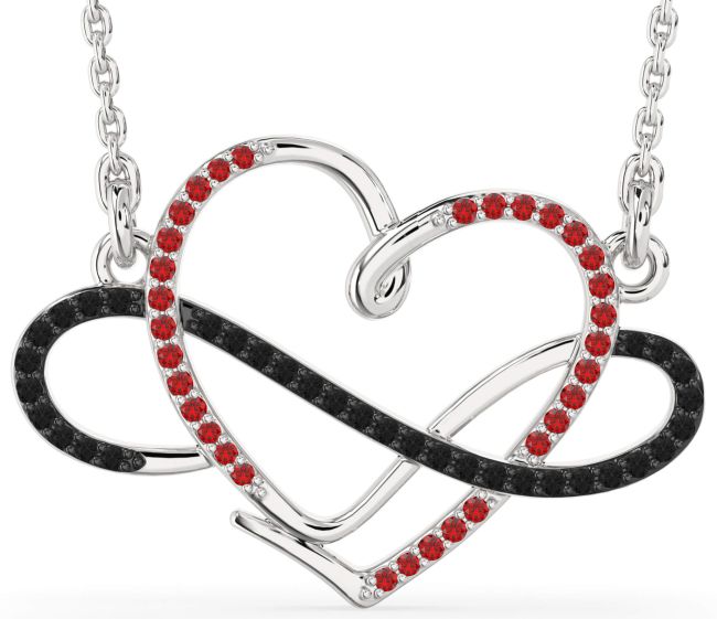 Large Black Diamond & Ruby Silver Heart Infinity Necklace