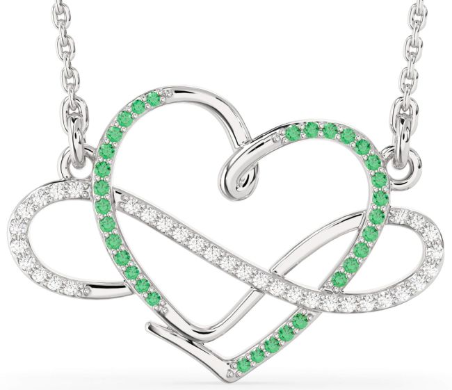 Large Emerald & Diamond Silver Heart Infinity Necklace
