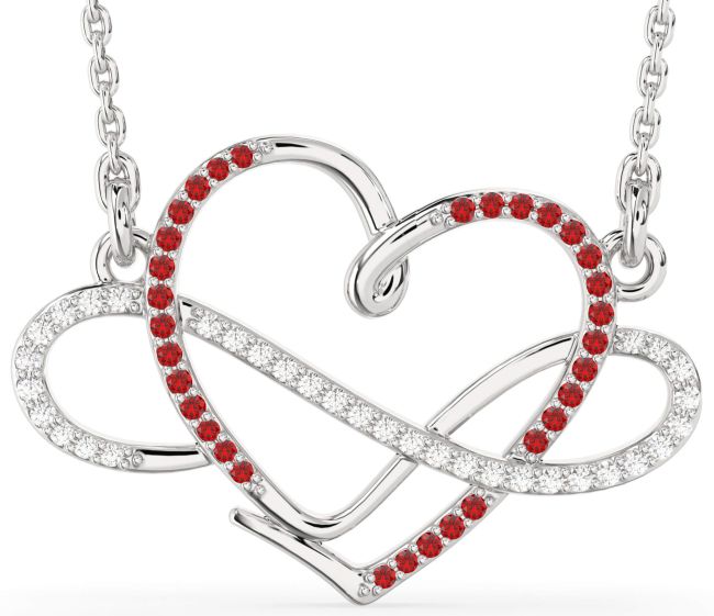 Large Diamond & Ruby Silver Heart Infinity Necklace