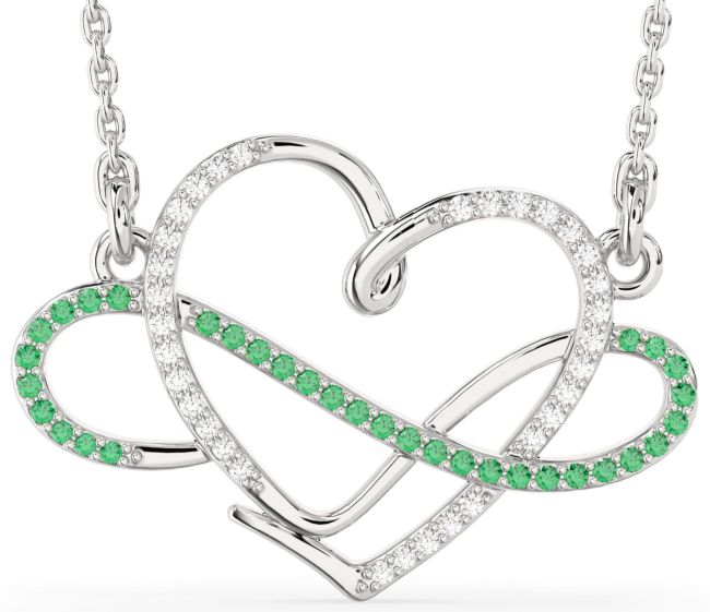 Large Diamond & Emerald Platinum Heart Infinity Necklace