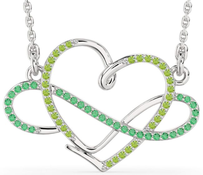 Large Emerald & Peridot Silver Heart Infinity Necklace