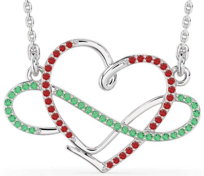 Large Emerald & Ruby Silver Heart Infinity Necklace