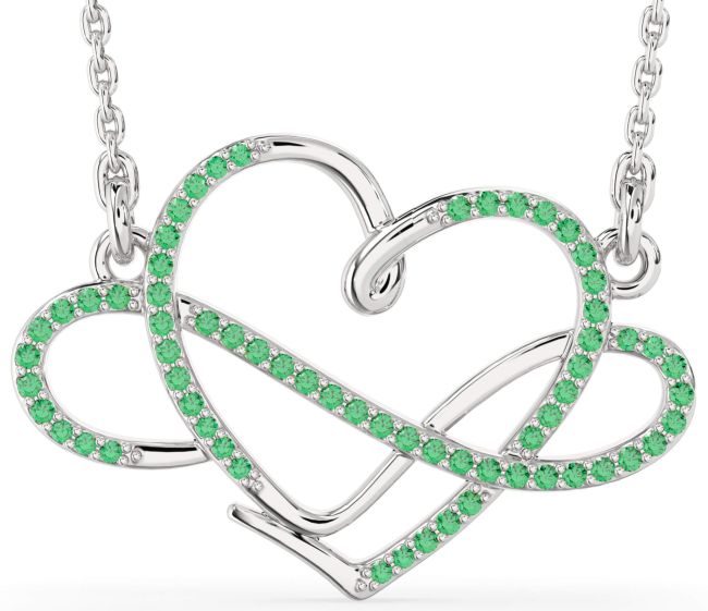 Large Emerald Silver Heart Infinity Necklace