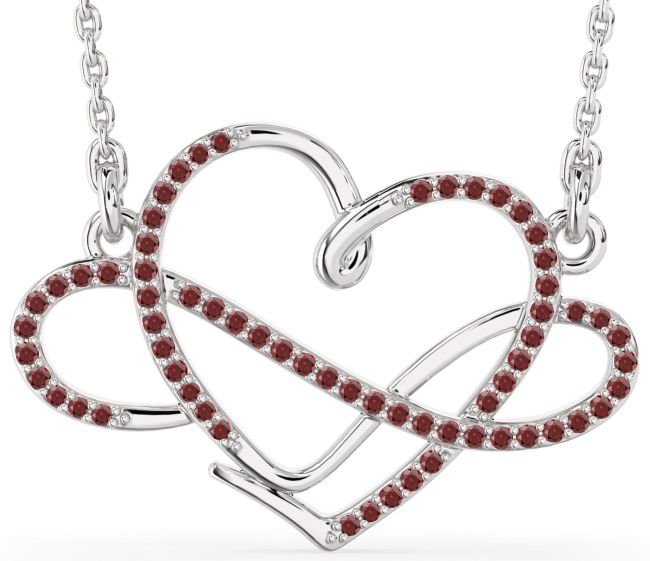 Large Garnet Silver Heart Infinity Necklace