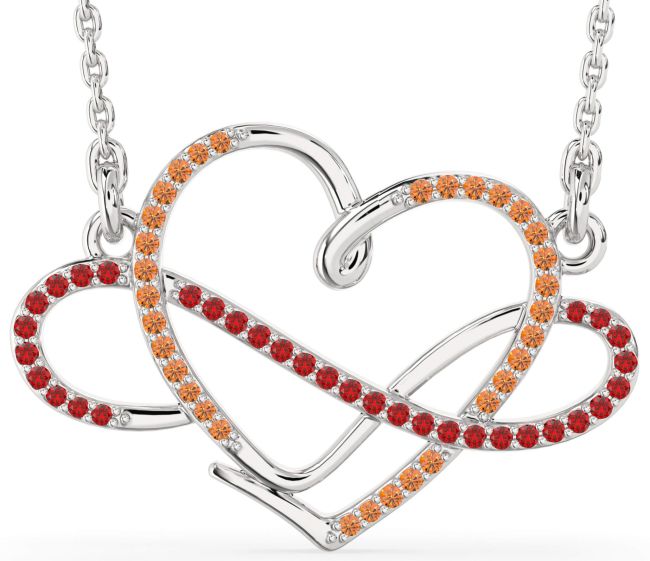 Large Ruby & Citrine Silver Heart Infinity Necklace