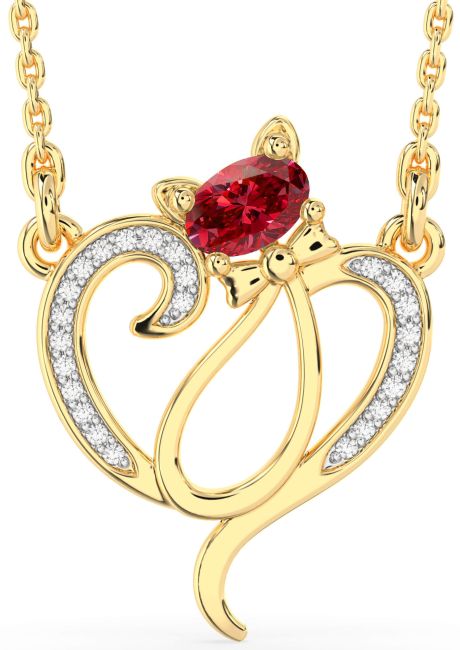 Diamond Ruby Gold Heart Cat Necklace