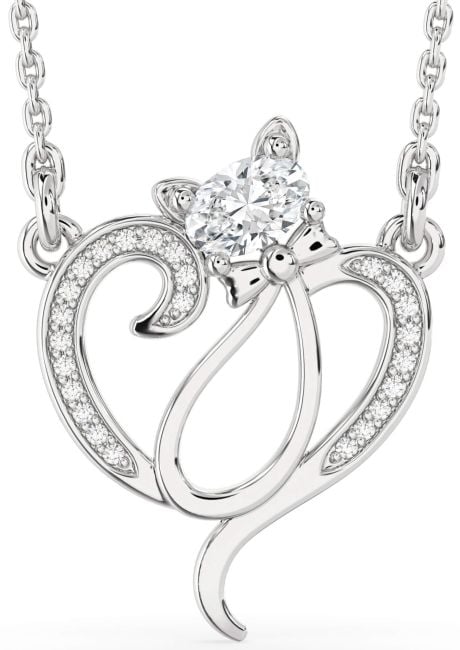 Diamond Silver Heart Cat Necklace