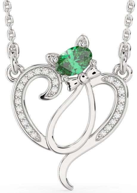 Diamond Emerald Silver Heart Cat Necklace