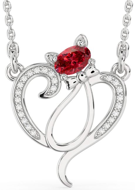 Diamond Ruby Silver Heart Cat Necklace
