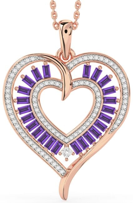 Large Diamond & Amethyst Rose Gold Silver Heart Necklace