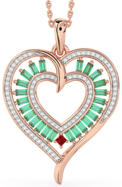 Large Diamond Emerald & Ruby Rose Gold Heart Necklace