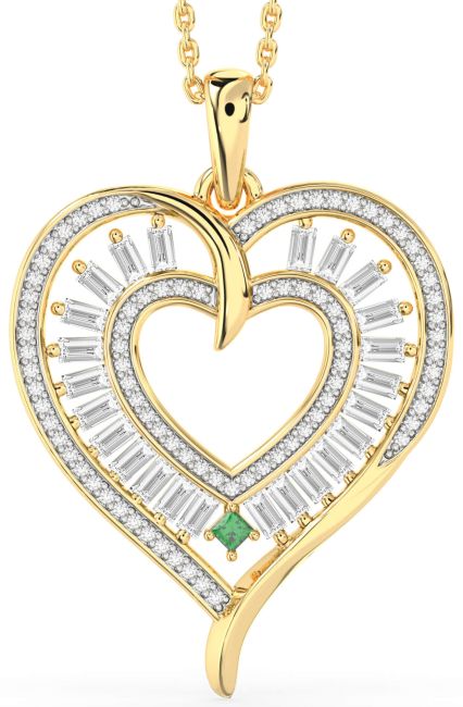 Large Emerald & Diamond Gold Silver Heart Necklace