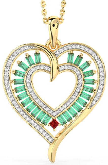 Large Diamond Emerald & Ruby Gold Heart Necklace