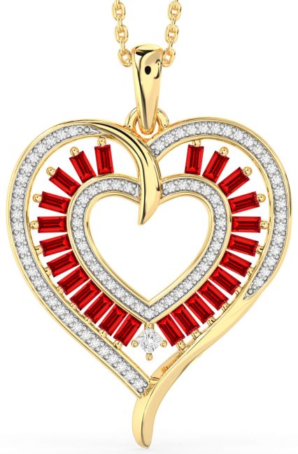 Large Diamond & Ruby Gold Heart Necklace