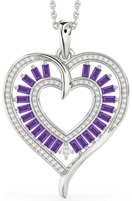 Large Diamond & Amethyst White Gold Heart Necklace