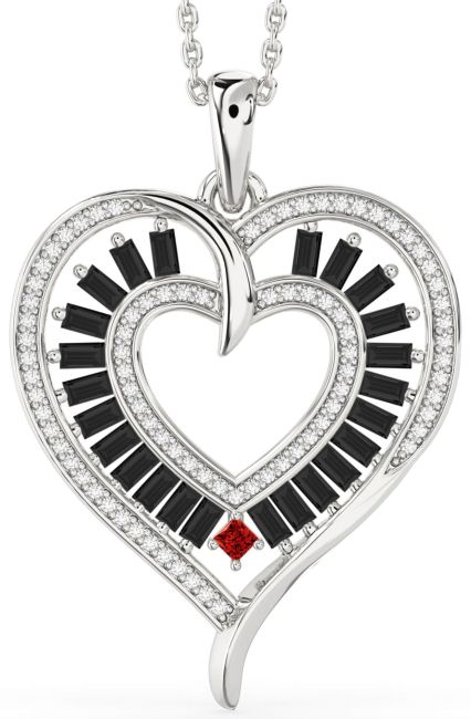 Large Black Diamond & Ruby Silver Heart Necklace
