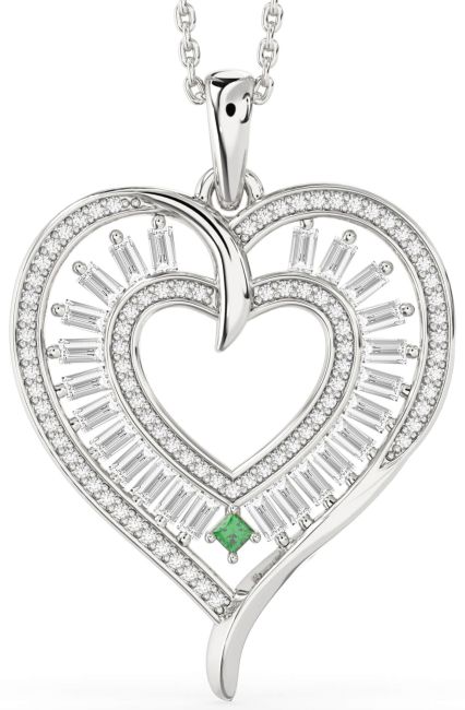 Large Emerald & Diamond Silver Heart Necklace