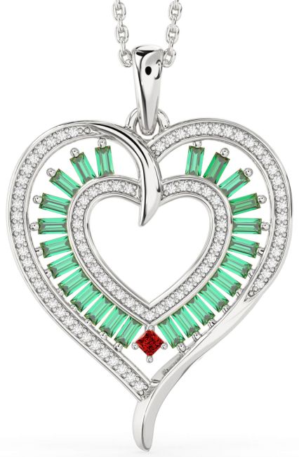 Large Diamond Emerald & Ruby Silver Heart Necklace